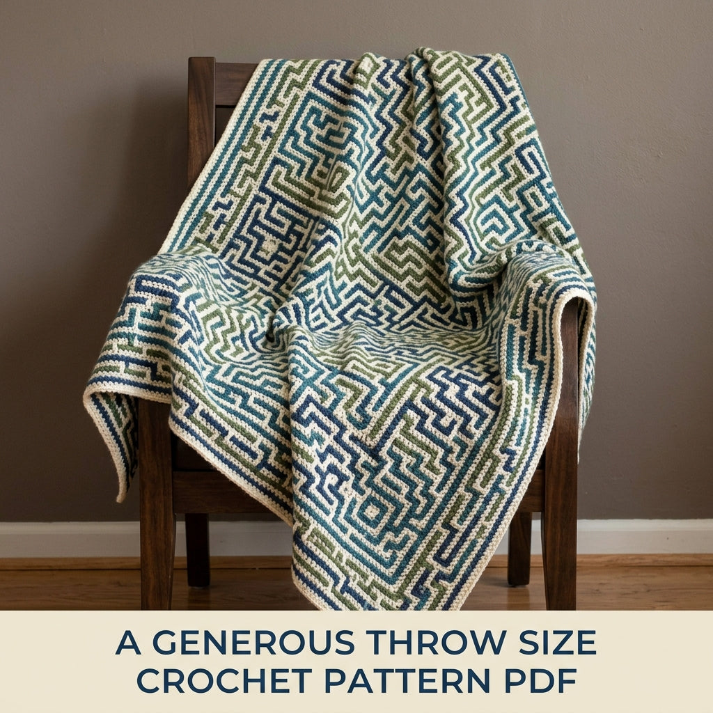 Geometric Stripe Mosaic Crochet Blanket Pattern PDF – Navy, Teal and Green Throw with Diamonds and Zigzags