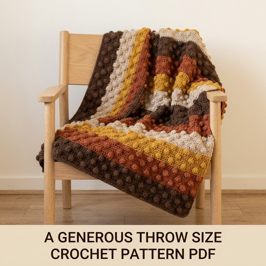 Pinecone Stitch Crochet Blanket Pattern PDF – Easy Textured Autumn Throw in Brown, Rust and Mustard