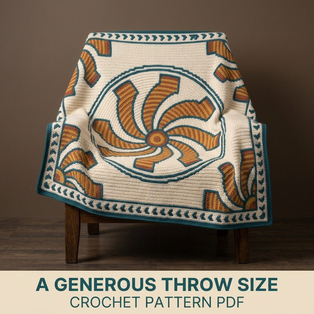 Pinwheel Tapestry Crochet Blanket Pattern PDF – Spinning Sun Throw in Mustard, Rust and Teal