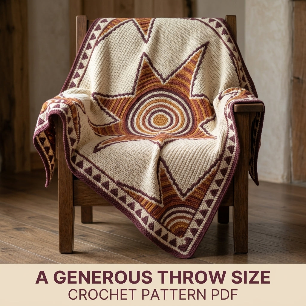 Sun Star Tapestry Crochet Blanket Pattern PDF – Celestial Throw in Mustard, Orange and Plum