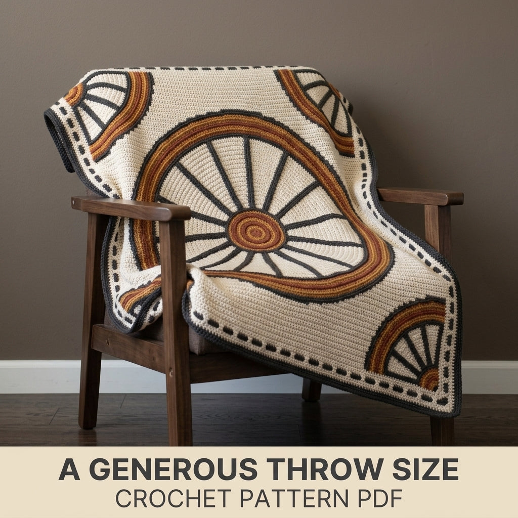 Wagon Wheel Tapestry Crochet Blanket Pattern PDF – Rustic Throw in Charcoal, Rust and Mustard