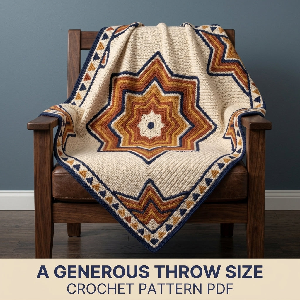 Star Tapestry Crochet Blanket Pattern PDF – Nested Eight-Point Star Throw in Navy, Rust and Mustard