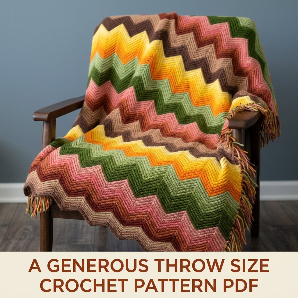 Retro Ripple Crochet Blanket Pattern PDF – Seventies Chevron Stripe Throw with Fringe