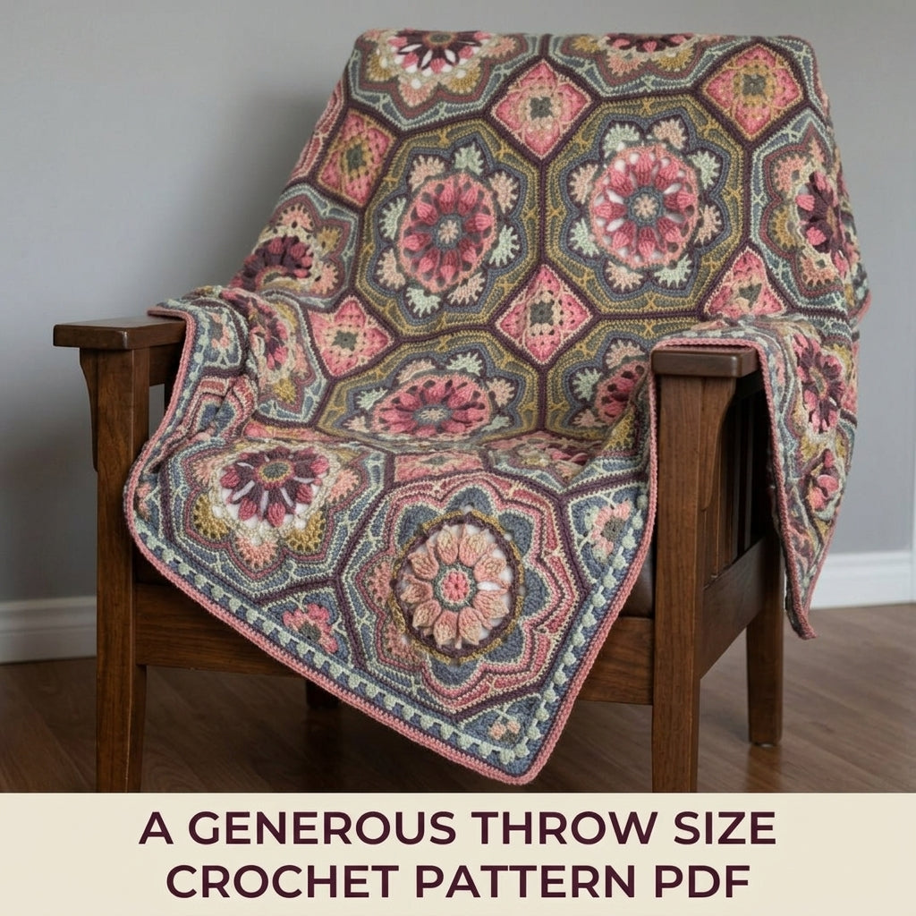 Tiled Flower Medallion Crochet Blanket Pattern PDF – Octagon Motif Throw in Vintage Pinks