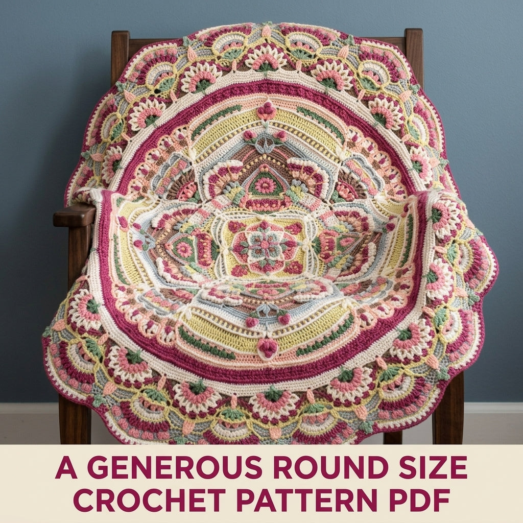 Rose Garden Round Blanket Pattern PDF – Rose Garden Mandala with Scalloped Fan Border