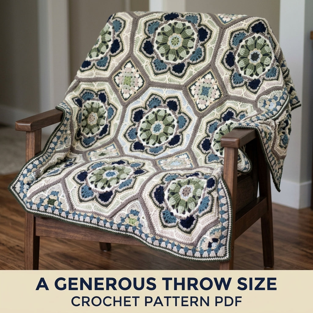 Sage Tile Medallion Crochet Blanket Pattern PDF – Octagon Motif Throw in Green and Navy