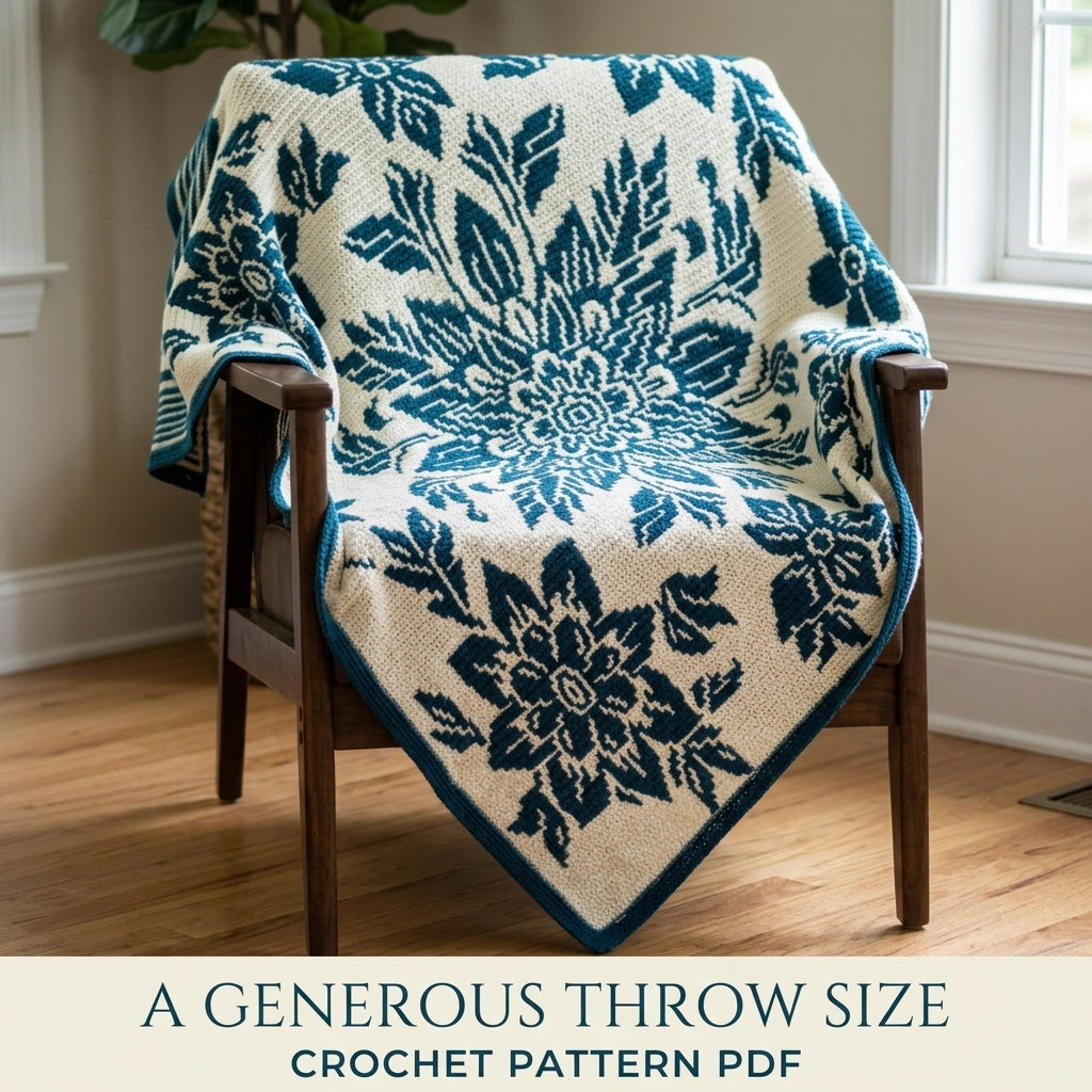 Teal Bloom Mosaic Crochet Blanket Pattern PDF – Two-Colour Floral Medallion Throw