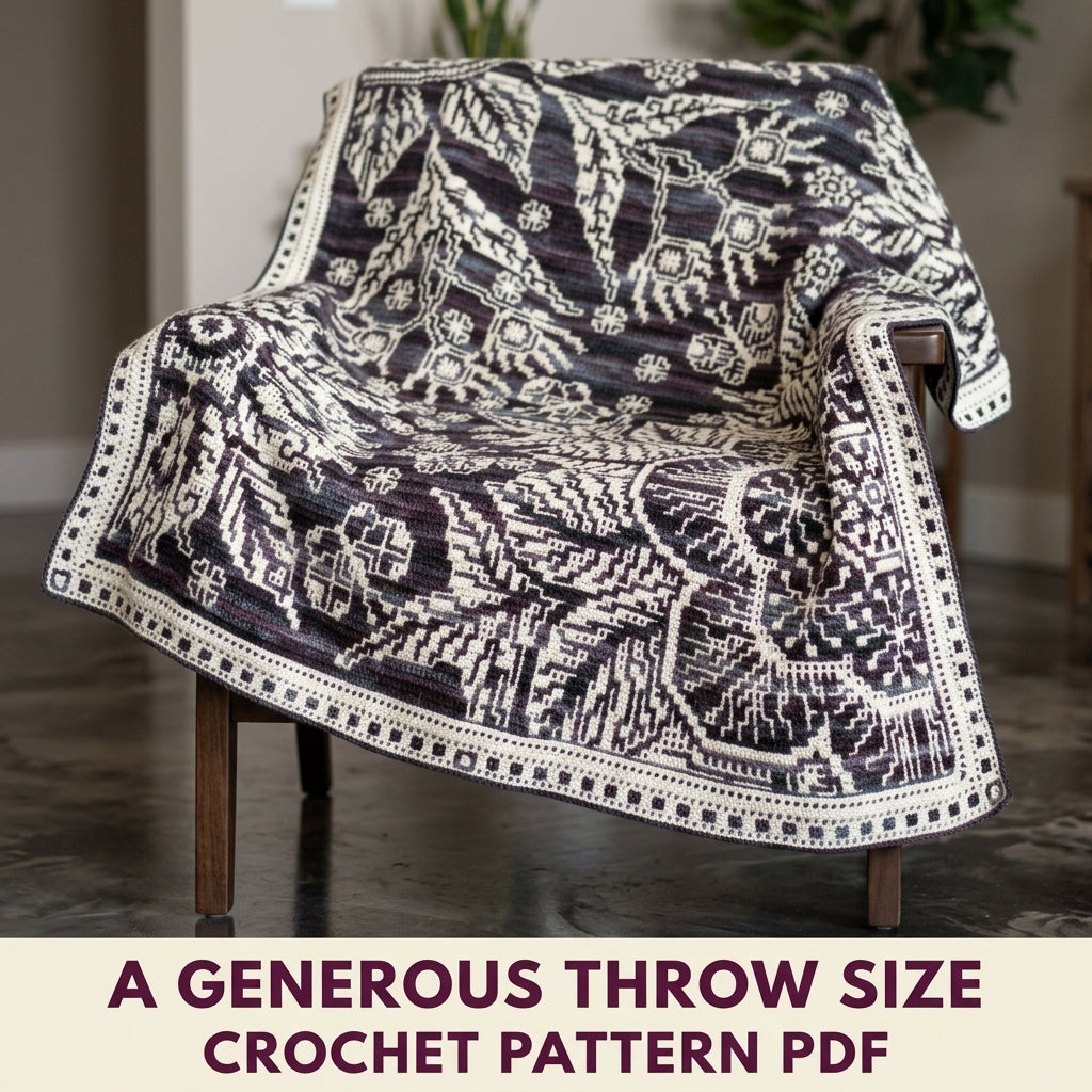 Garden Night Mosaic Crochet Blanket Pattern PDF – Dark Floral Two-Colour Throw
