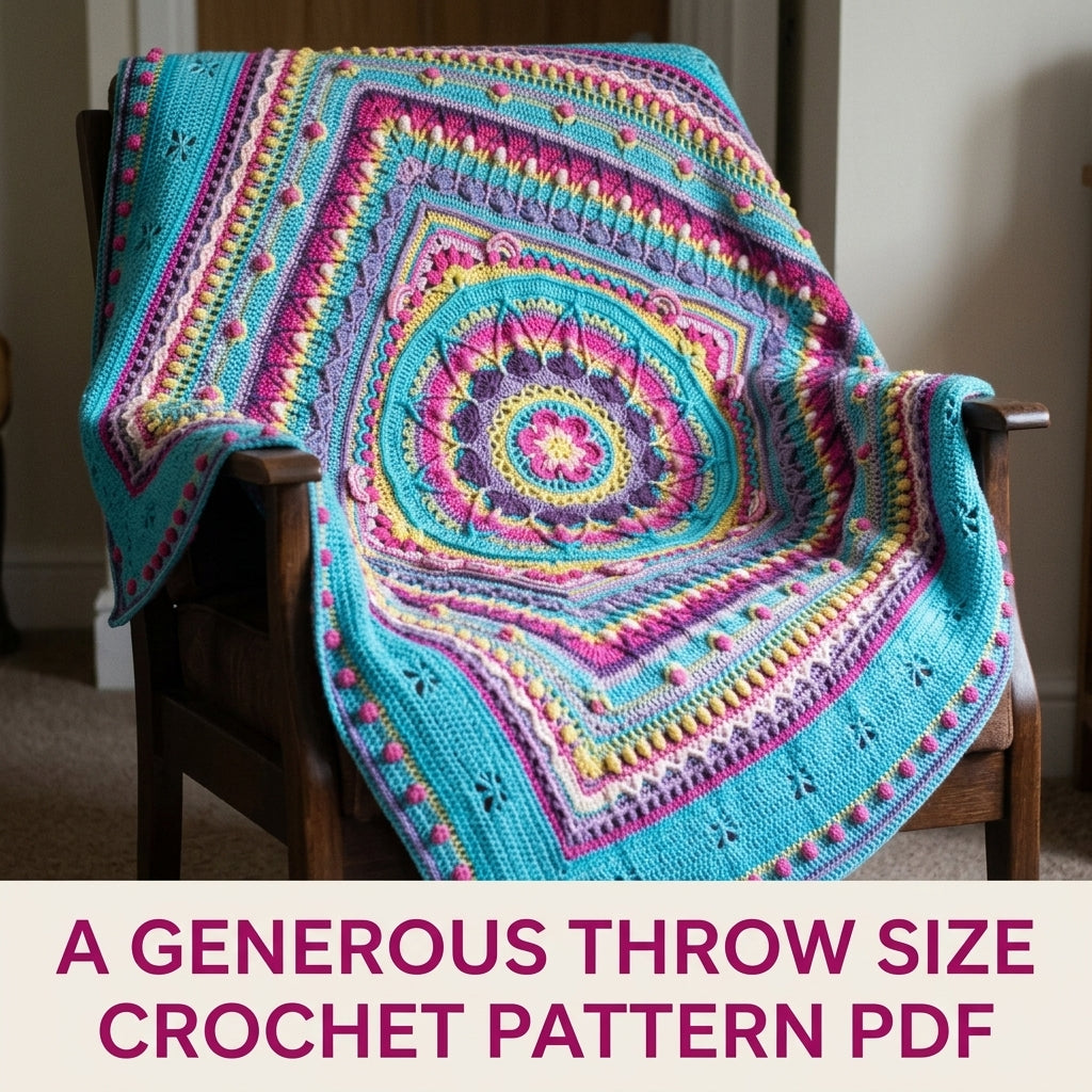 Turquoise Sunburst Mandala Blanket Crochet Pattern PDF – Bright Textured Square Throw
