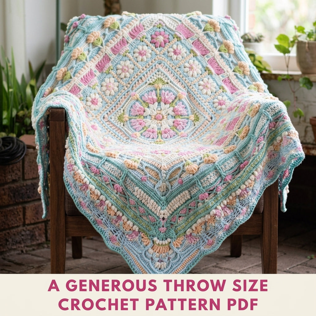 Aqua Peach Daisy Mandala Blanket Crochet Pattern PDF – Textured Daisy Square Throw