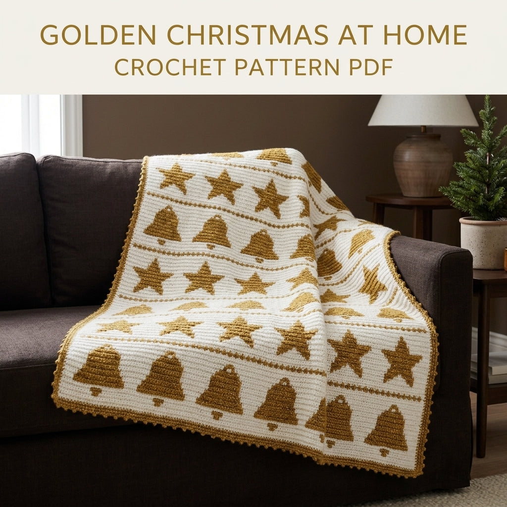 Bells and Stars Crochet Blanket Pattern PDF – Christmas Tapestry Crochet Throw in Gold and White
