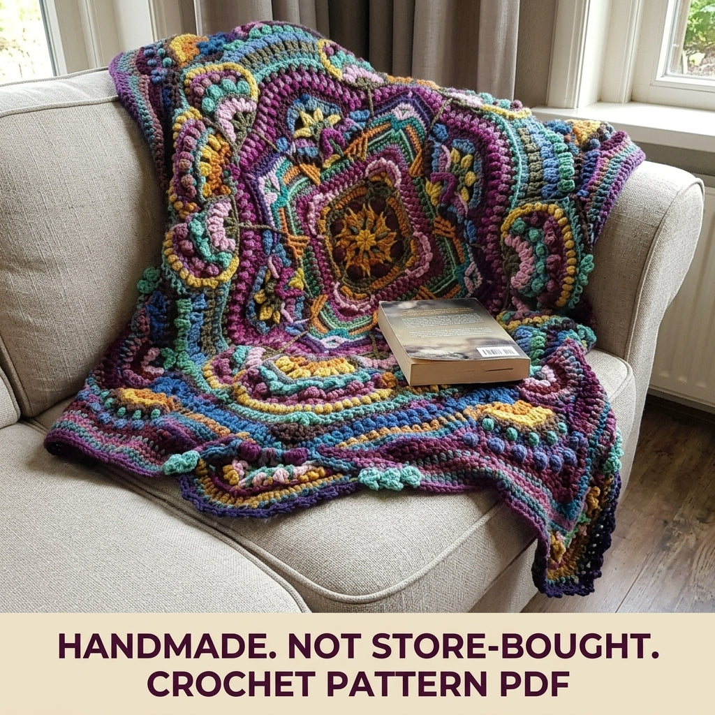 Jewel Mandala Crochet Blanket Pattern PDF – Textured Overlay Square Throw in Rounds