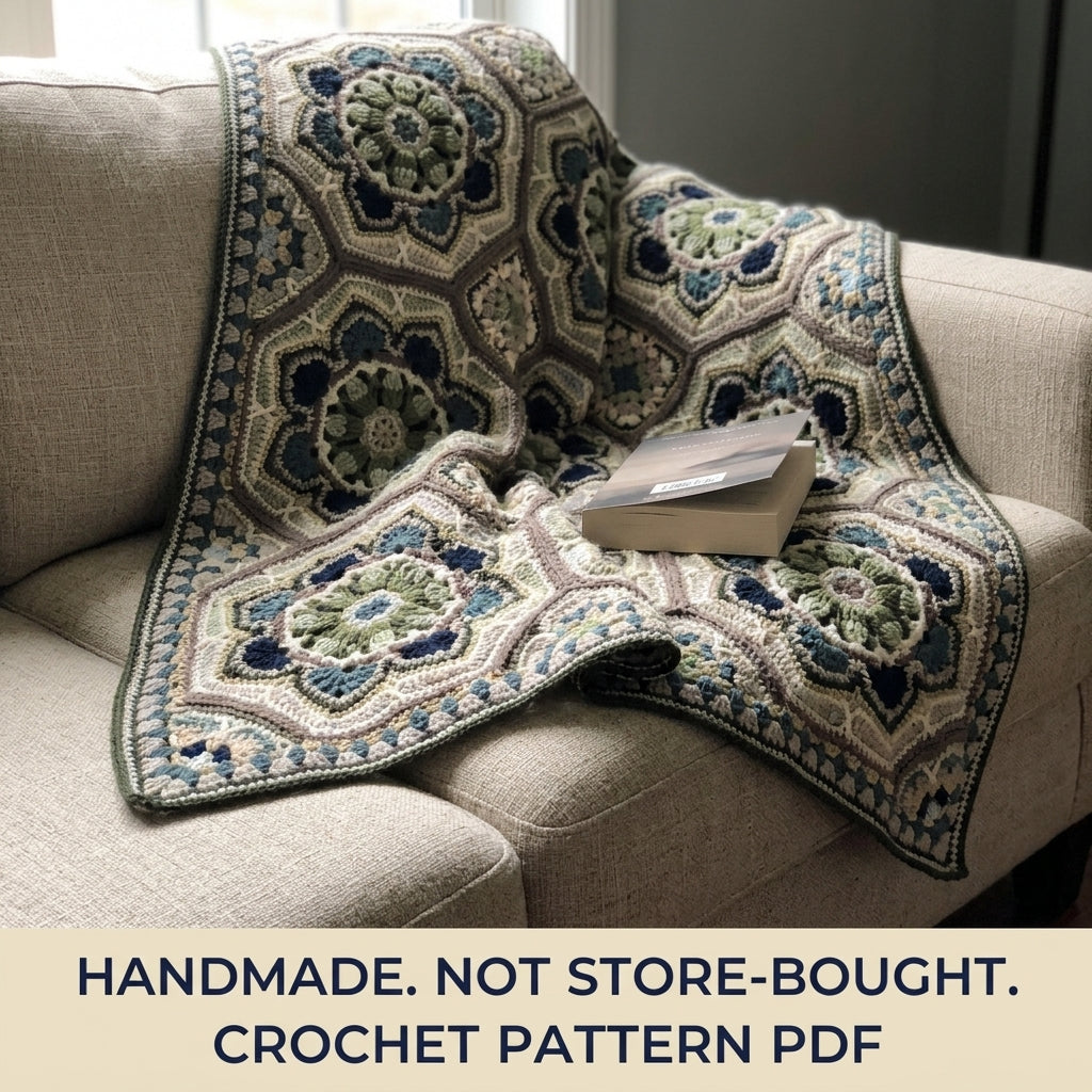 Sage Tile Medallion Crochet Blanket Pattern PDF – Octagon Motif Throw in Green and Navy