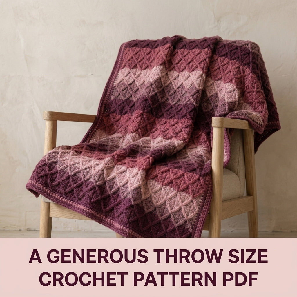 Harlequin Stitch Crochet Blanket Pattern PDF – Textured Diamond Throw in Plum and Rose