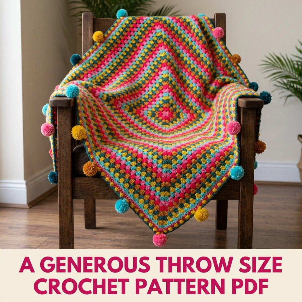 Pompom Giant Granny Square Blanket Crochet Pattern PDF – Bright Granny Throw with Pompoms