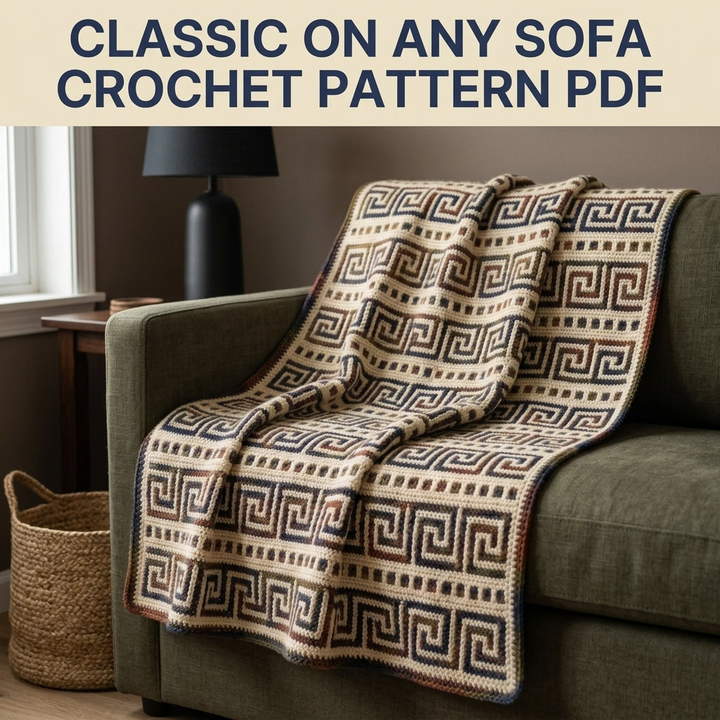Greek Key Mosaic Crochet Blanket Pattern PDF – Classic Throw in Navy, Rust and Olive