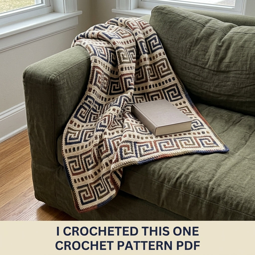 Greek Key Mosaic Crochet Blanket Pattern PDF – Classic Throw in Navy, Rust and Olive