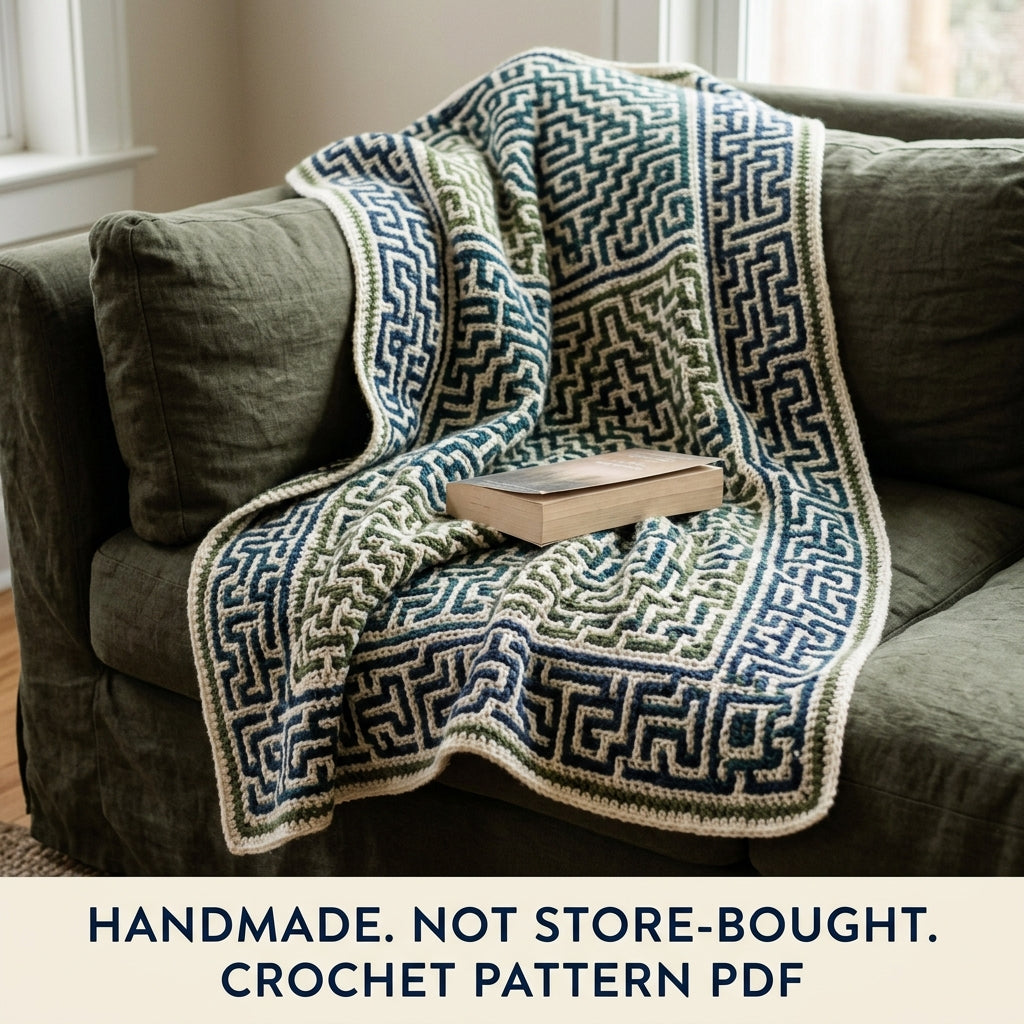 Geometric Stripe Mosaic Crochet Blanket Pattern PDF – Navy, Teal and Green Throw with Diamonds and Zigzags
