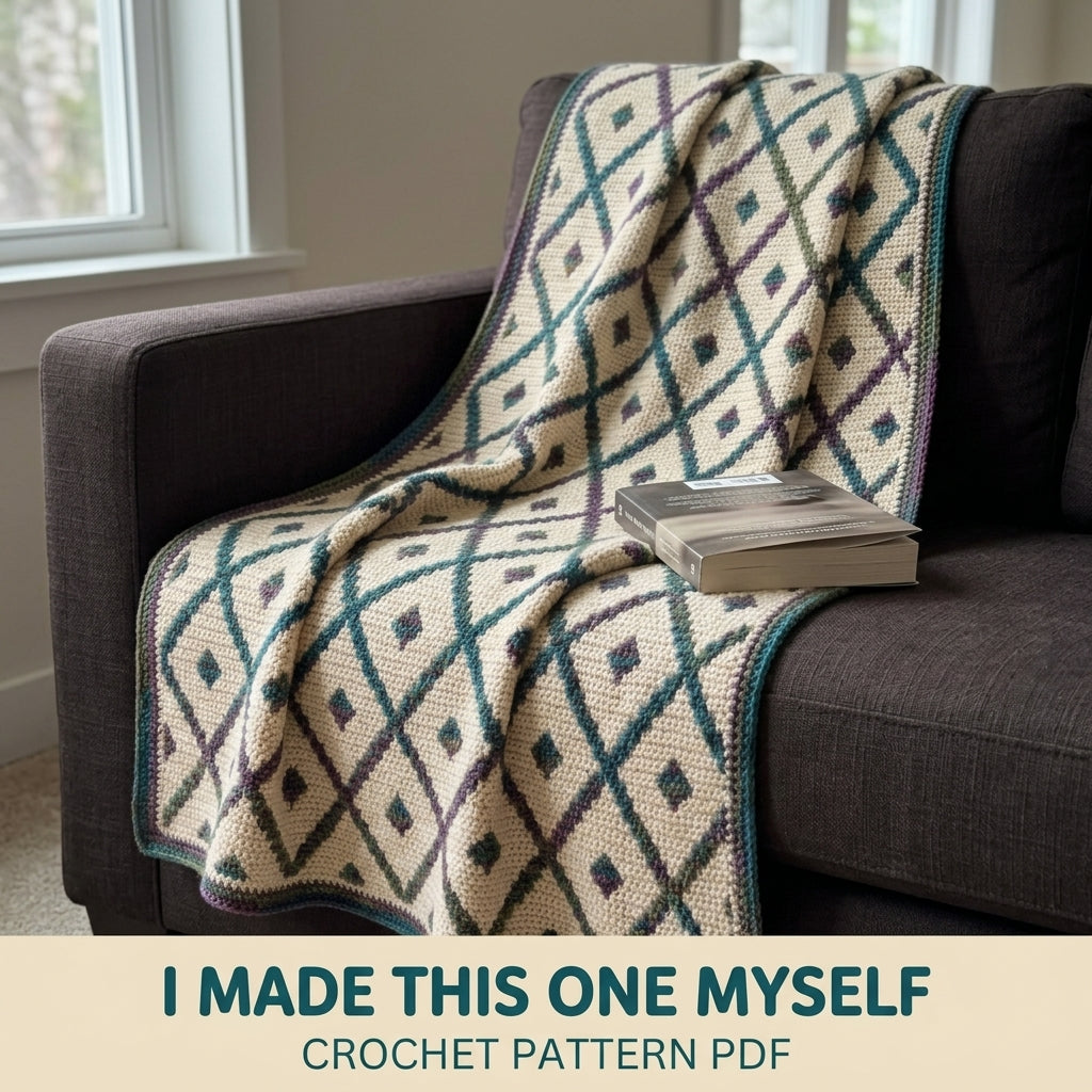 Trellis Mosaic Crochet Blanket Pattern PDF – Diamond Lattice Throw in Teal, Plum and Green