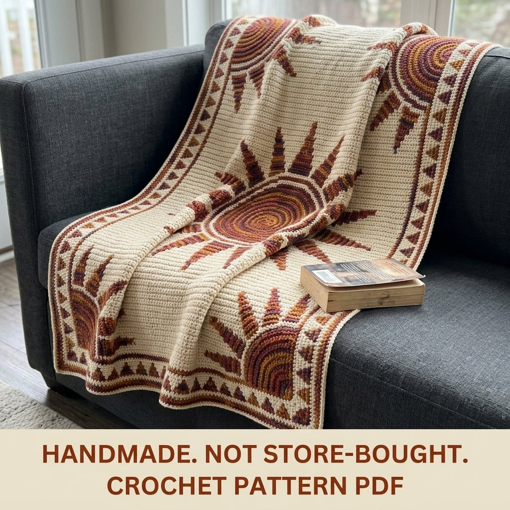 Sunburst Mosaic Crochet Blanket Pattern PDF – Sun Throw in Rust, Mustard and Plum with Triangle Border