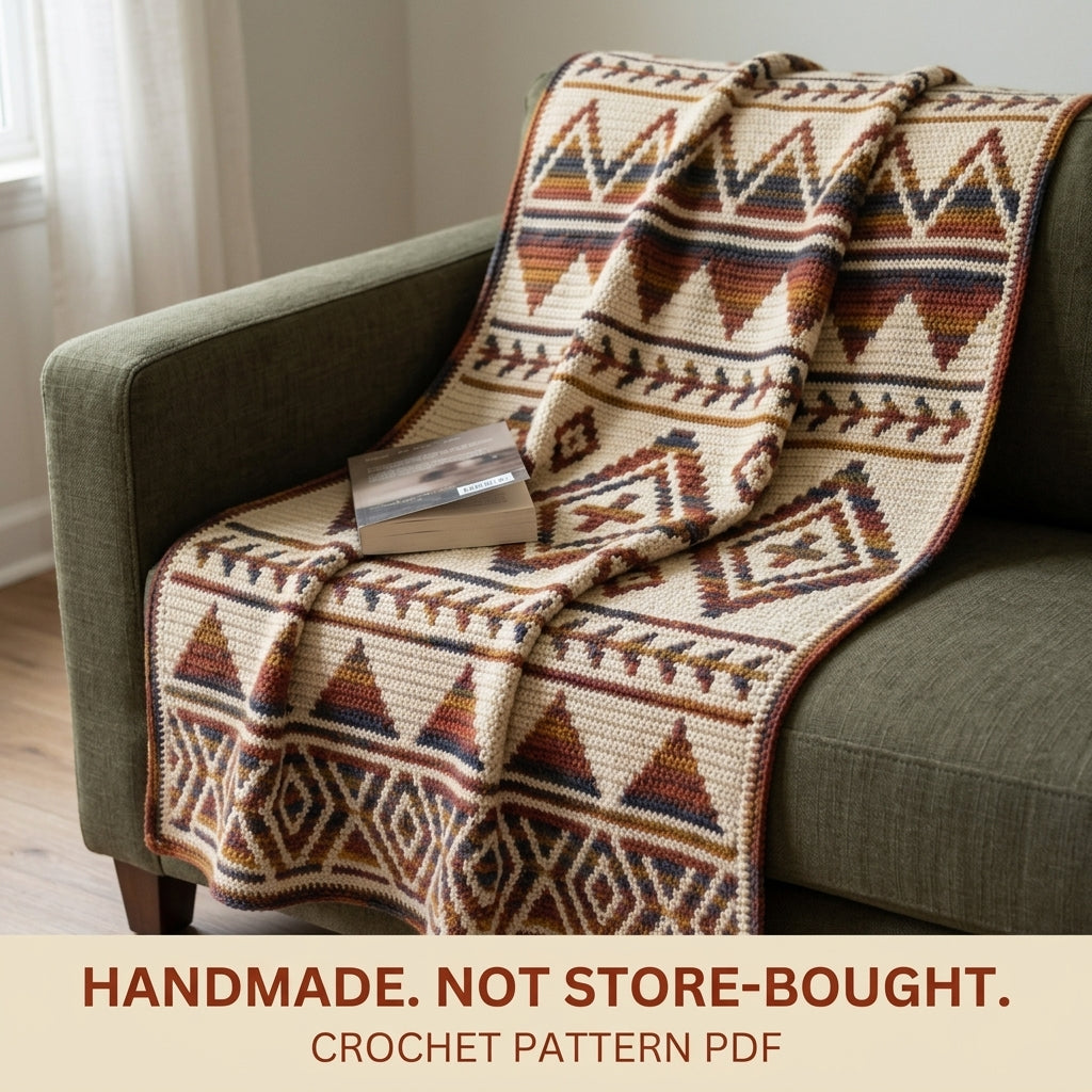 Southwest Arrow Mosaic Crochet Blanket Pattern PDF – Geometric Throw in Rust, Mustard and Navy
