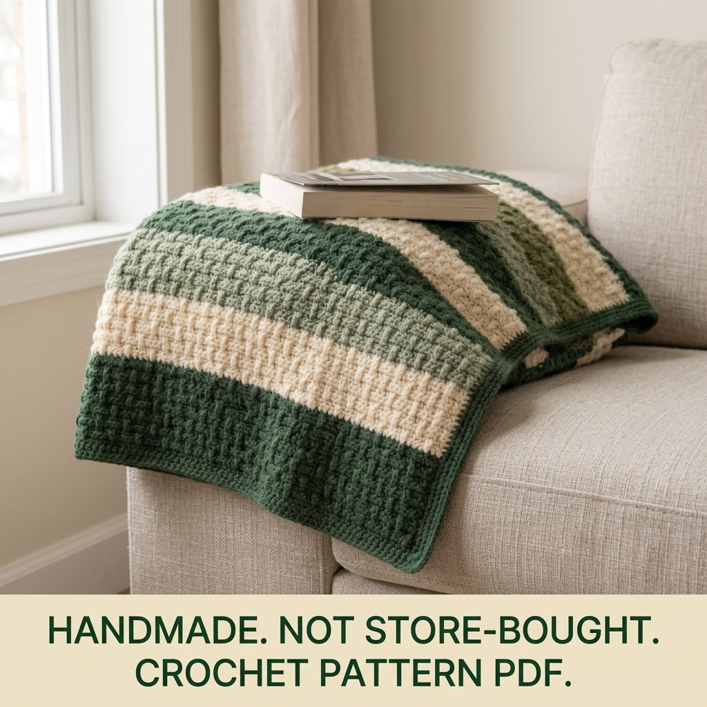 Alpine Stitch Crochet Blanket Pattern PDF – Textured Green and Cream Striped Throw