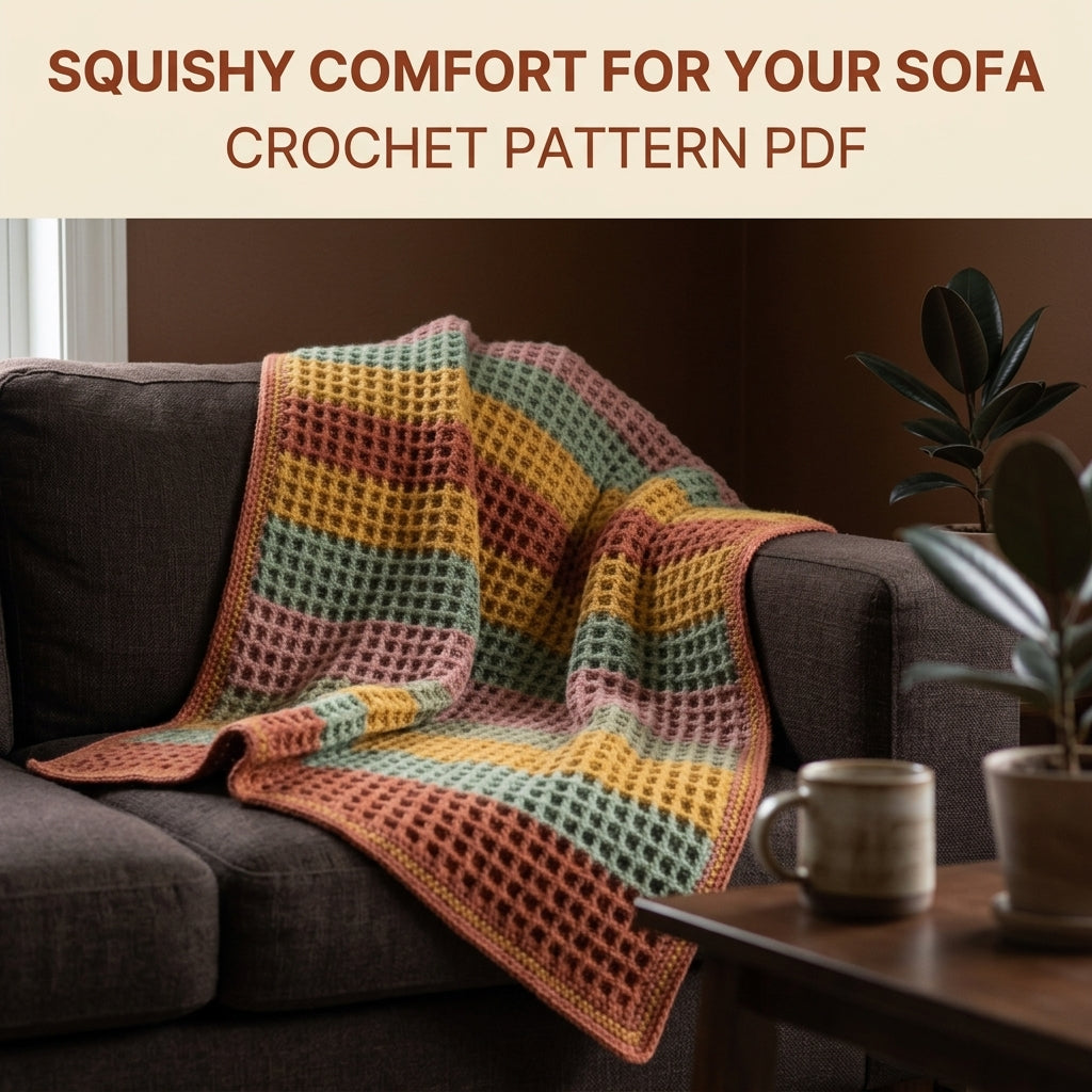 Waffle Stitch Crochet Blanket Pattern PDF – Easy Textured Striped Throw in Rust, Sage and Mustard