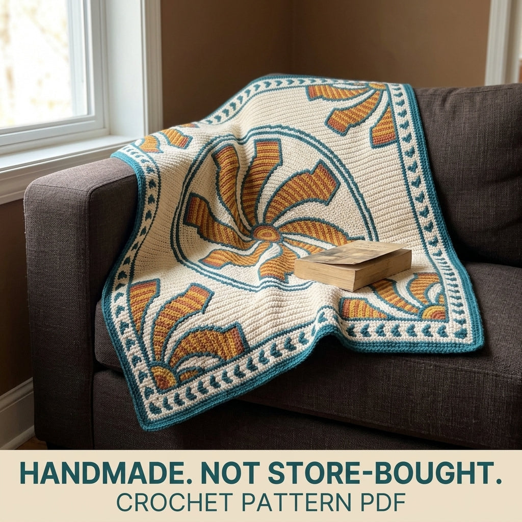 Pinwheel Tapestry Crochet Blanket Pattern PDF – Spinning Sun Throw in Mustard, Rust and Teal