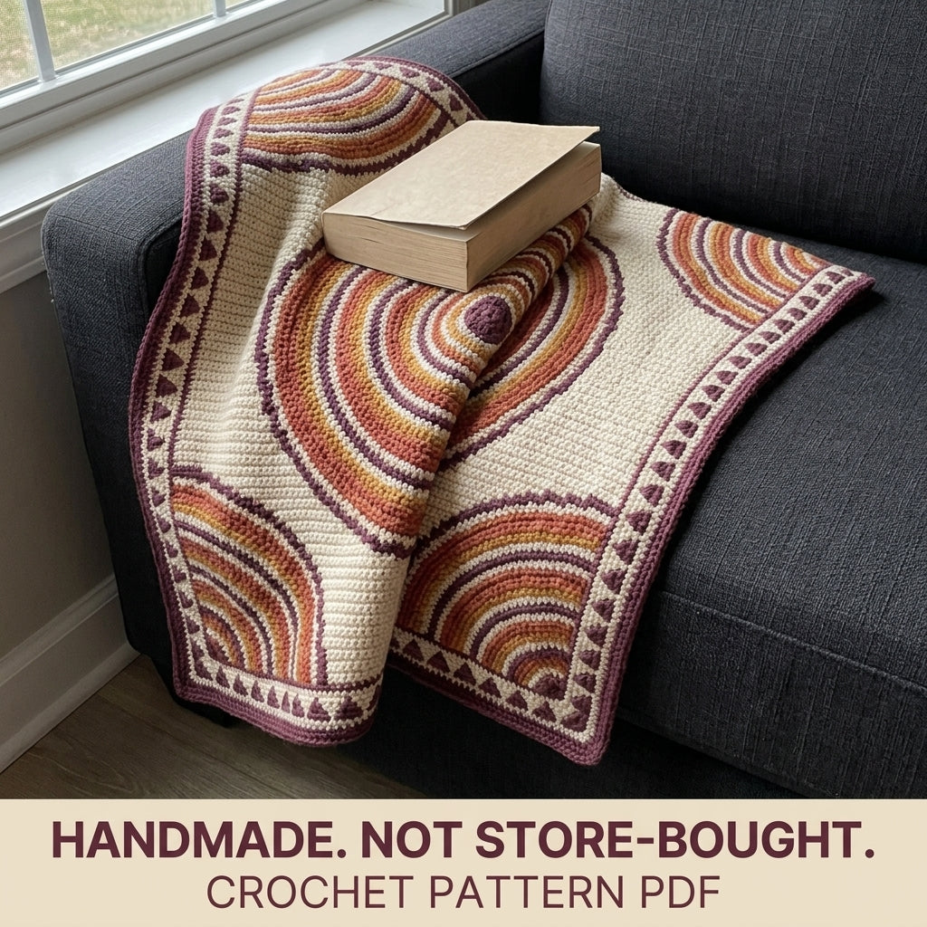 Ripple Rings Tapestry Crochet Blanket Pattern PDF – Concentric Circle Throw in Plum, Orange and Mustard