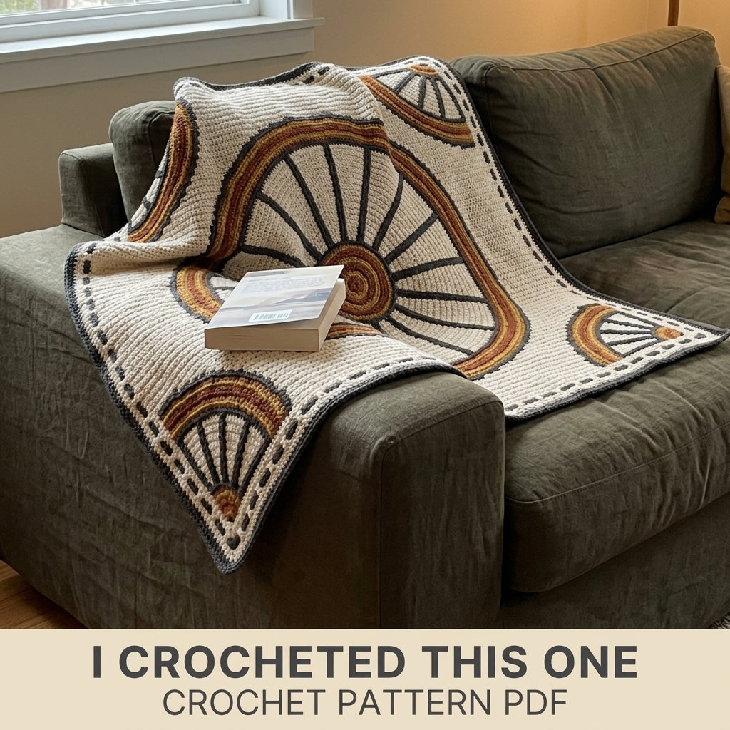 Wagon Wheel Tapestry Crochet Blanket Pattern PDF – Rustic Throw in Charcoal, Rust and Mustard