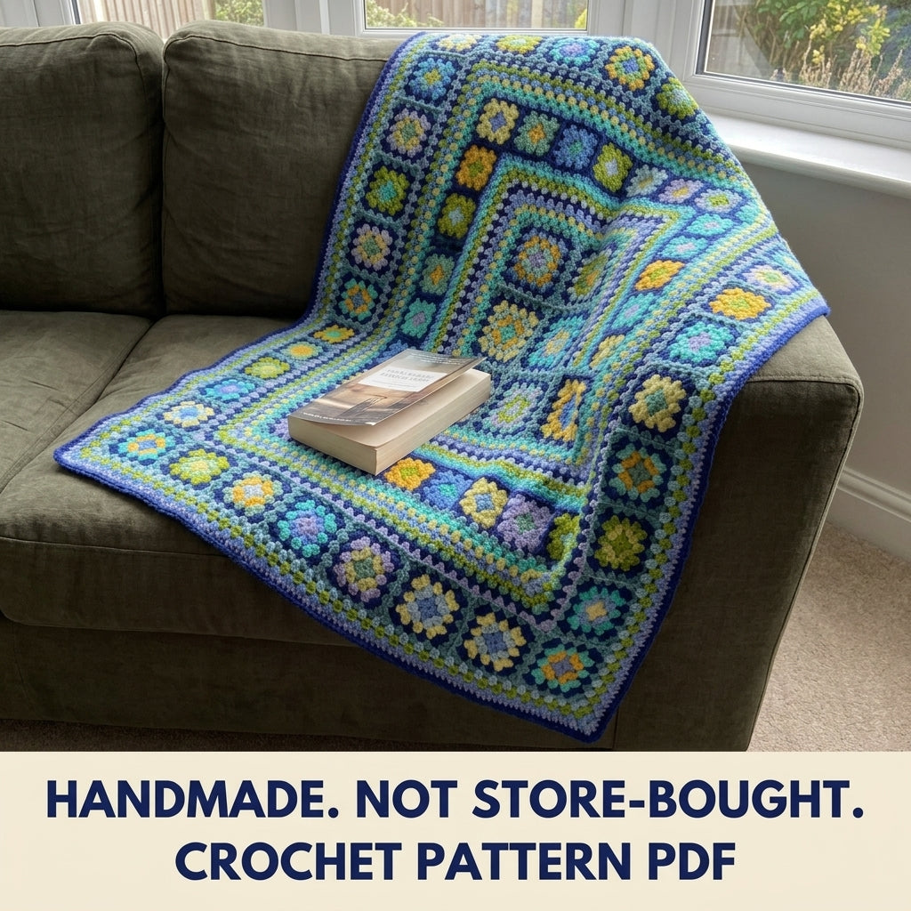 Ocean Granny Medallion Blanket Crochet Pattern PDF – Granny Square Throw in Blue and Green
