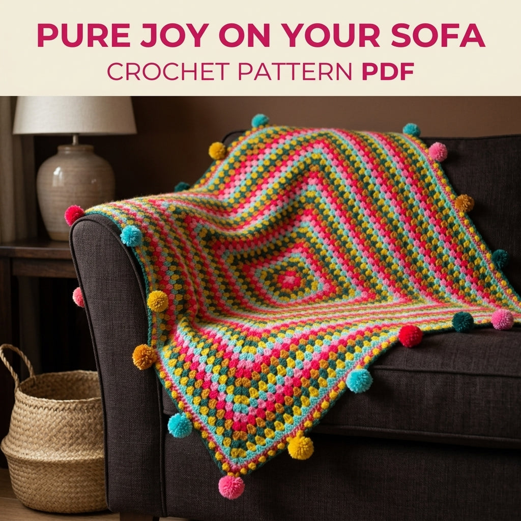 Pompom Giant Granny Square Blanket Crochet Pattern PDF – Bright Granny Throw with Pompoms