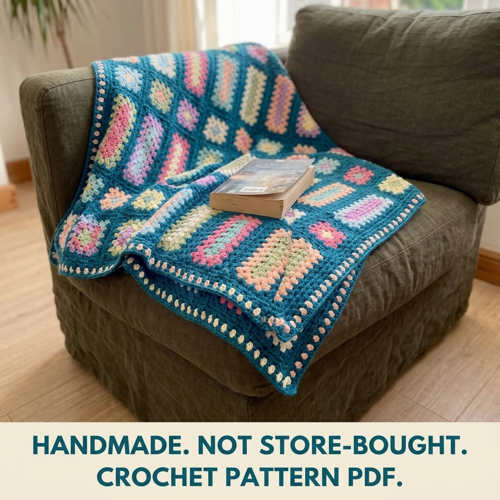 Pastel Bar Granny Blanket Crochet Pattern PDF – Granny Rectangles and Squares on Teal