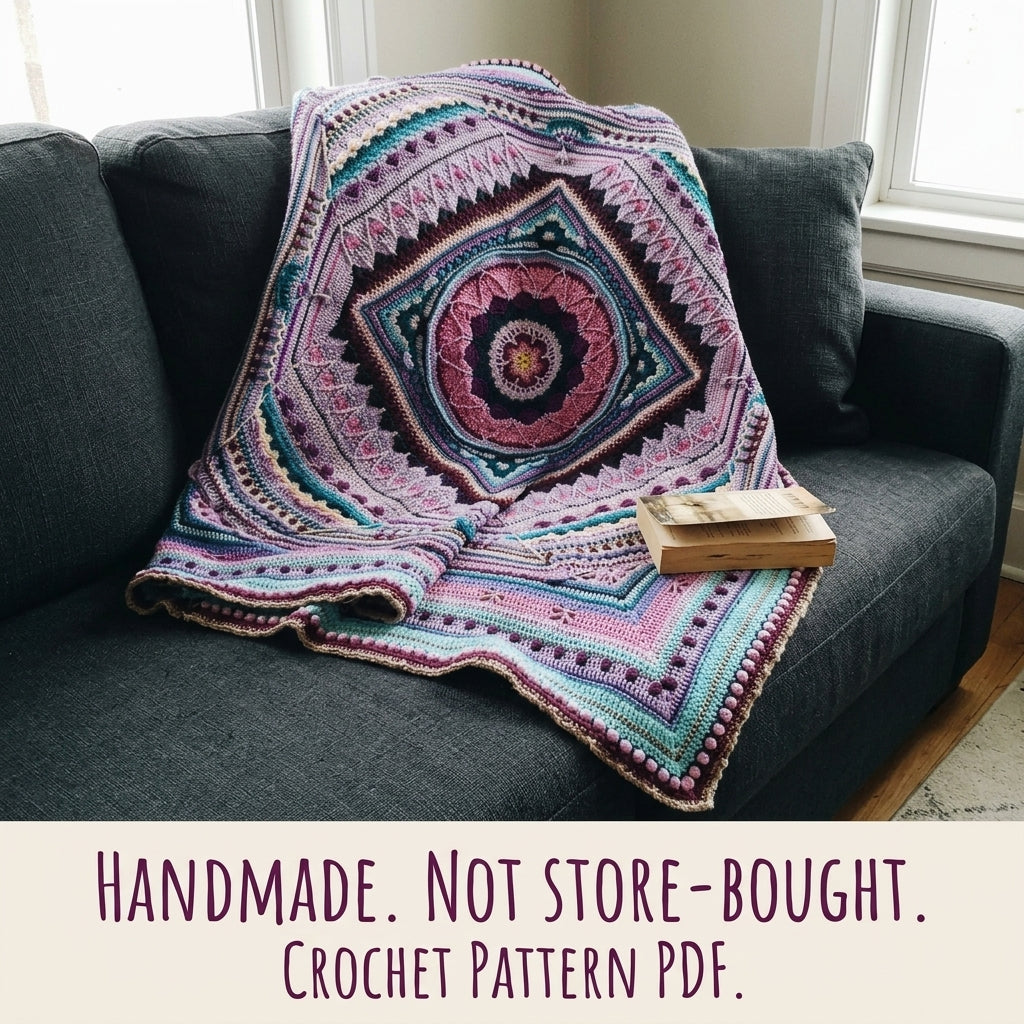 Lilac Diamond Mandala Blanket Crochet Pattern PDF – Textured Square on Point Throw