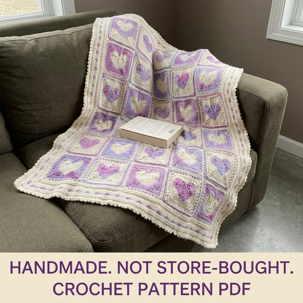 Heart Granny Square Blanket Crochet Pattern PDF – Raised Heart Squares Throw