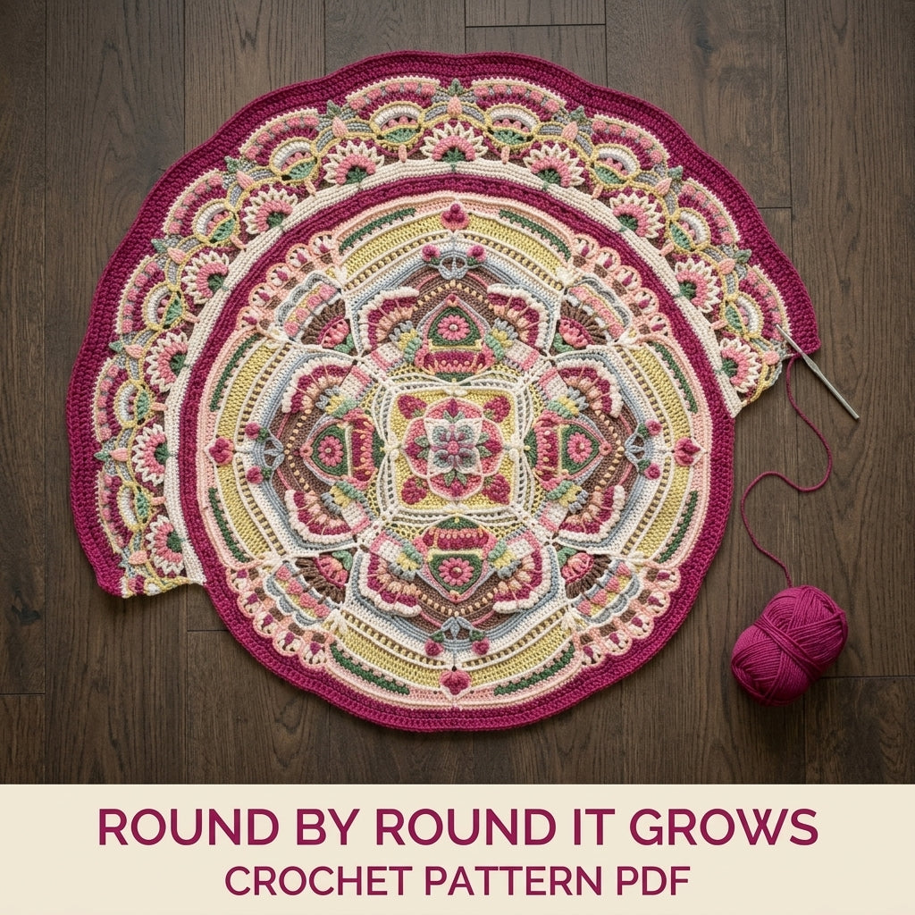 Rose Garden Round Blanket Pattern PDF – Rose Garden Mandala with Scalloped Fan Border