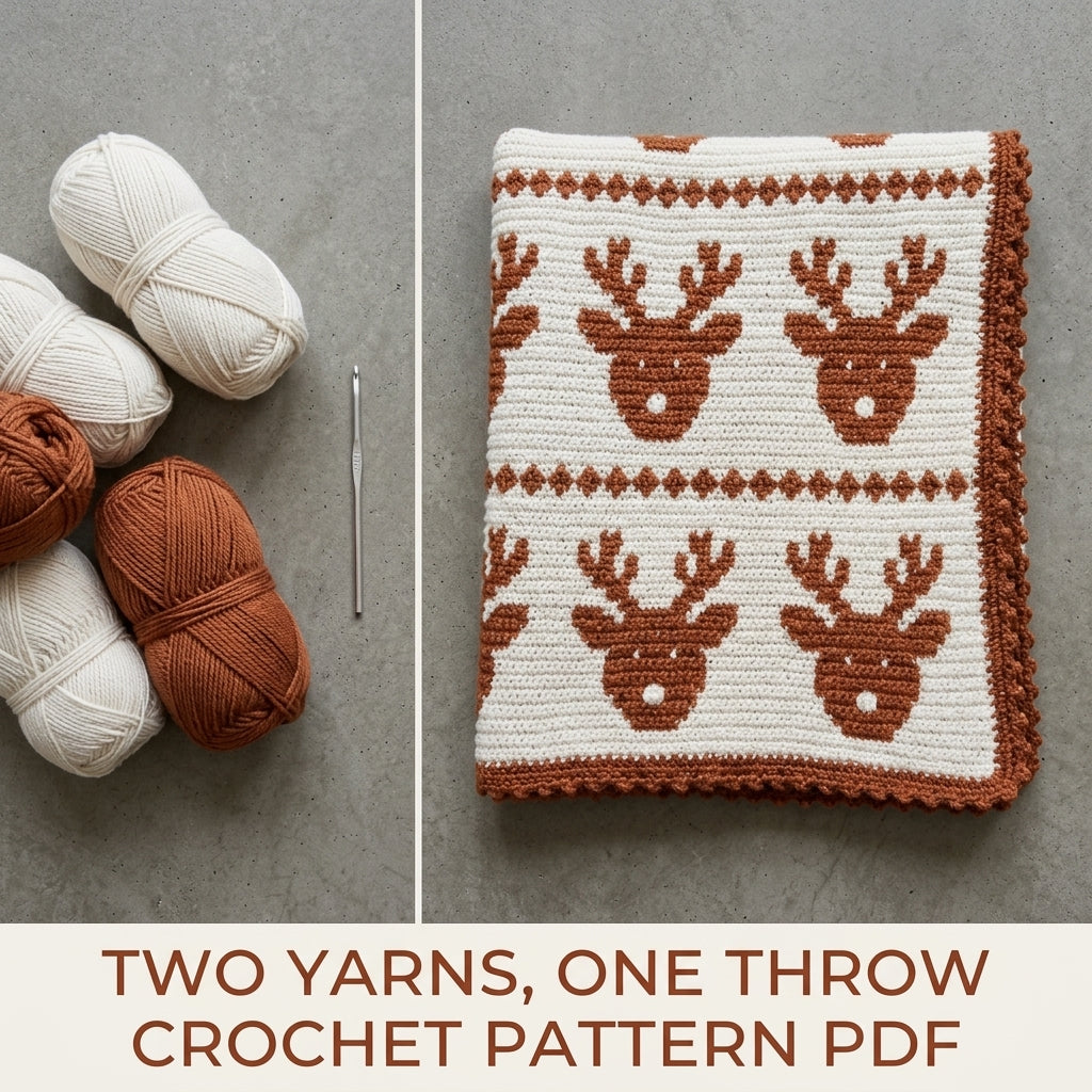 Reindeer Crochet Blanket Pattern PDF – Christmas Tapestry Crochet Throw in Copper and White