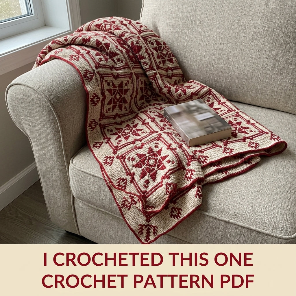 Red Star Mosaic Square Blanket Crochet Pattern PDF – Two-Colour Star Throw
