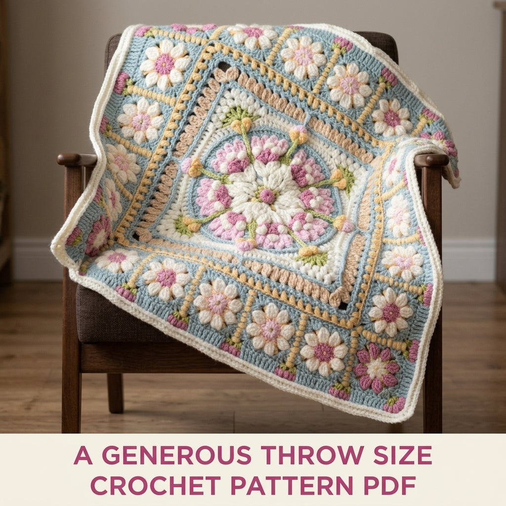 Daisy Ring Medallion Blanket Crochet Pattern PDF – Puff Flower and Daisy Square Throw