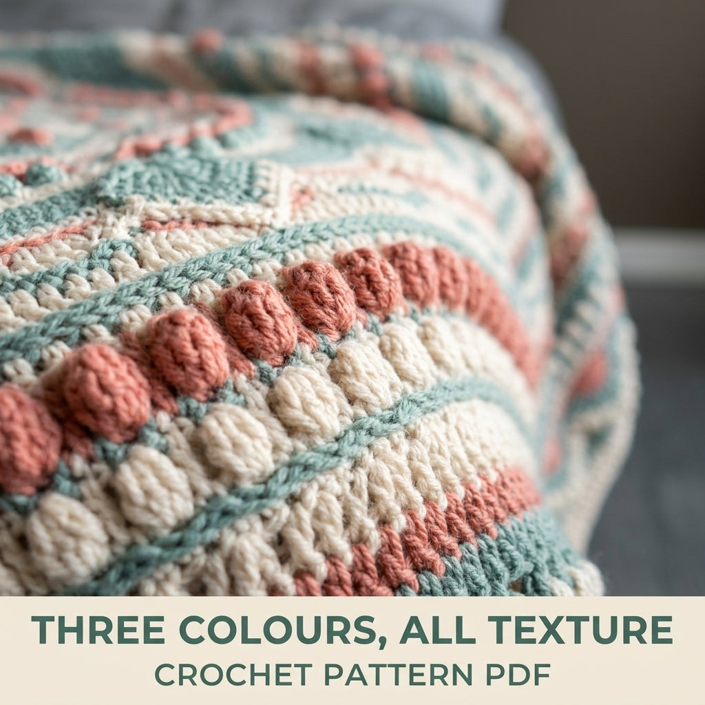 Sage Bloom Textured Crochet Blanket Pattern PDF – Sage, Cream and Coral Bobble Mandala Throw