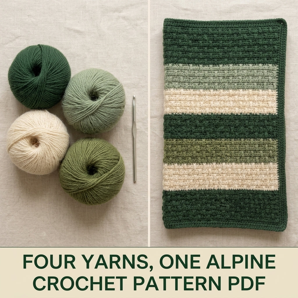 Alpine Stitch Crochet Blanket Pattern PDF – Textured Green and Cream Striped Throw