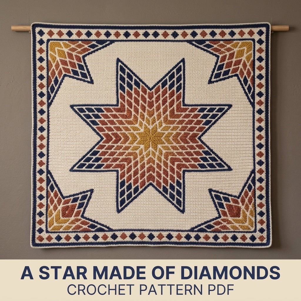 Lone Star Tapestry Crochet Blanket Pattern PDF – Quilt-Inspired Star Throw in Mustard, Rust and Navy