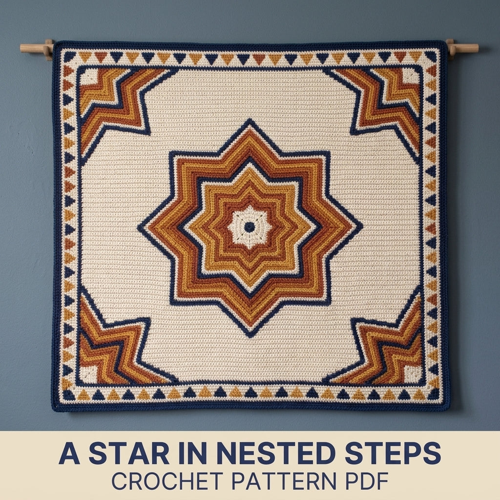 Star Tapestry Crochet Blanket Pattern PDF – Nested Eight-Point Star Throw in Navy, Rust and Mustard