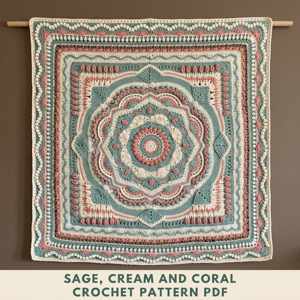 Sage Bloom Textured Crochet Blanket Pattern PDF – Sage, Cream and Coral Bobble Mandala Throw