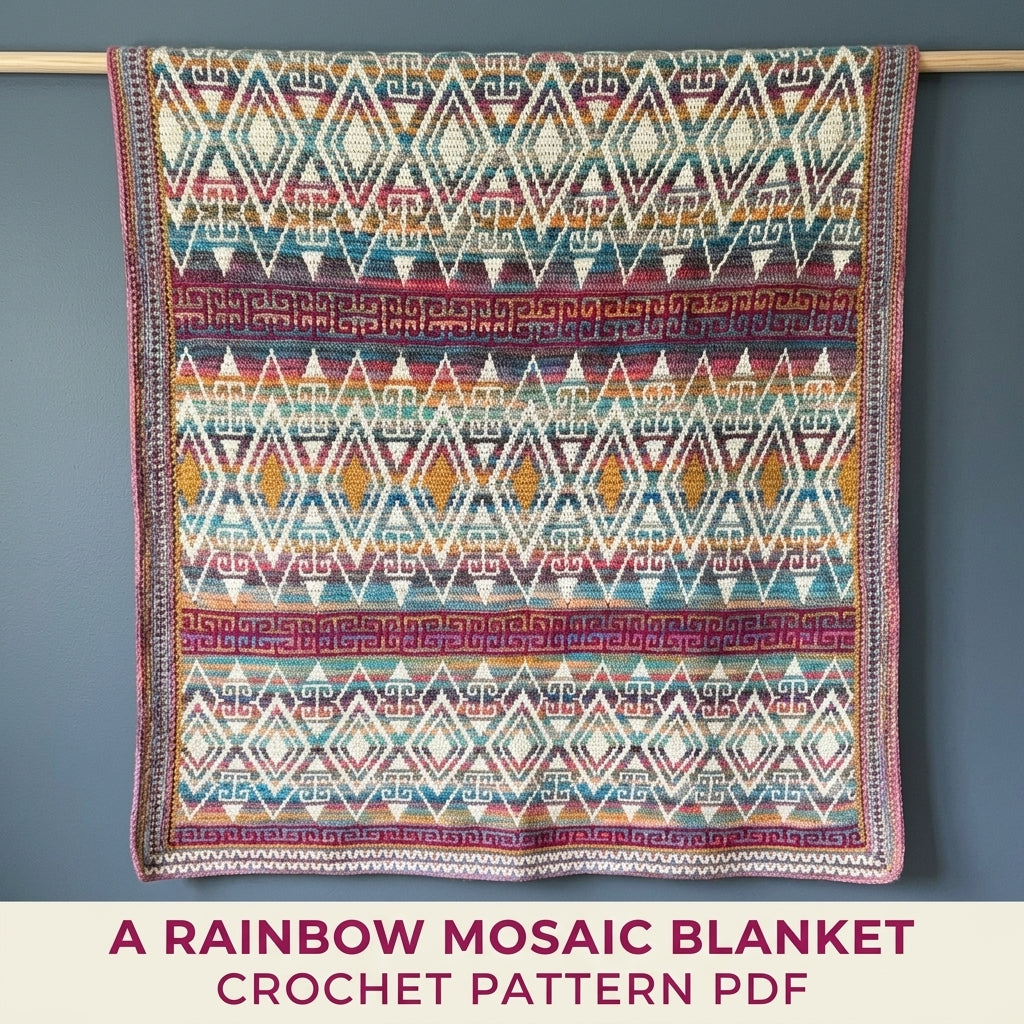 Variegated Mosaic Crochet Blanket Pattern PDF – Rainbow Band Throw with Greek Key