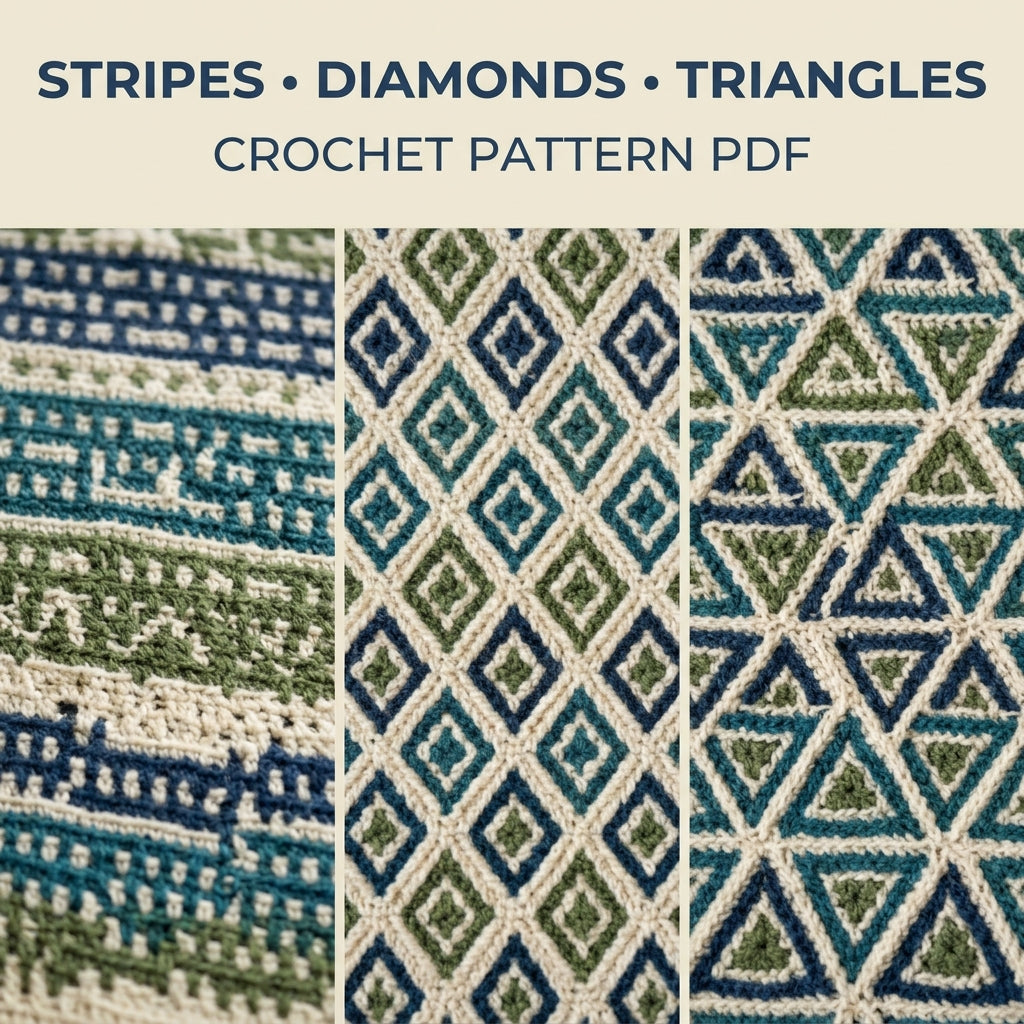 Geometric Stripe Mosaic Crochet Blanket Pattern PDF – Navy, Teal and Green Throw with Diamonds and Zigzags
