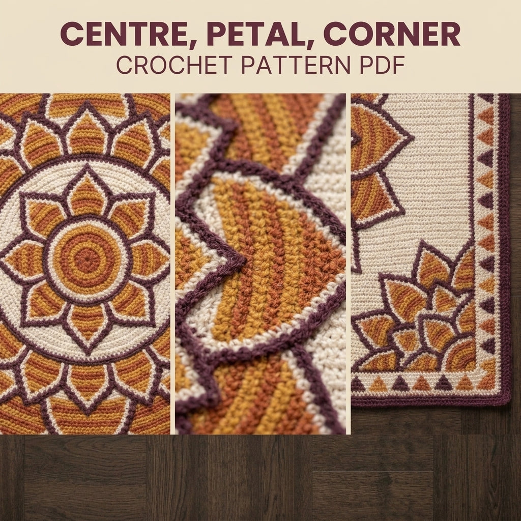 Lotus Mandala Tapestry Crochet Blanket Pattern PDF – Floral Throw in Mustard, Orange and Plum