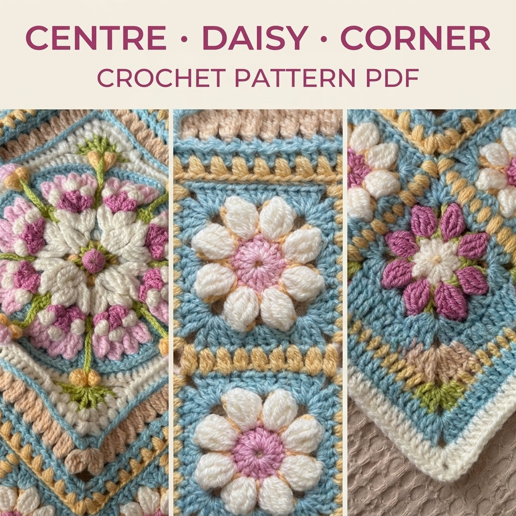 Daisy Ring Medallion Blanket Crochet Pattern PDF – Puff Flower and Daisy Square Throw