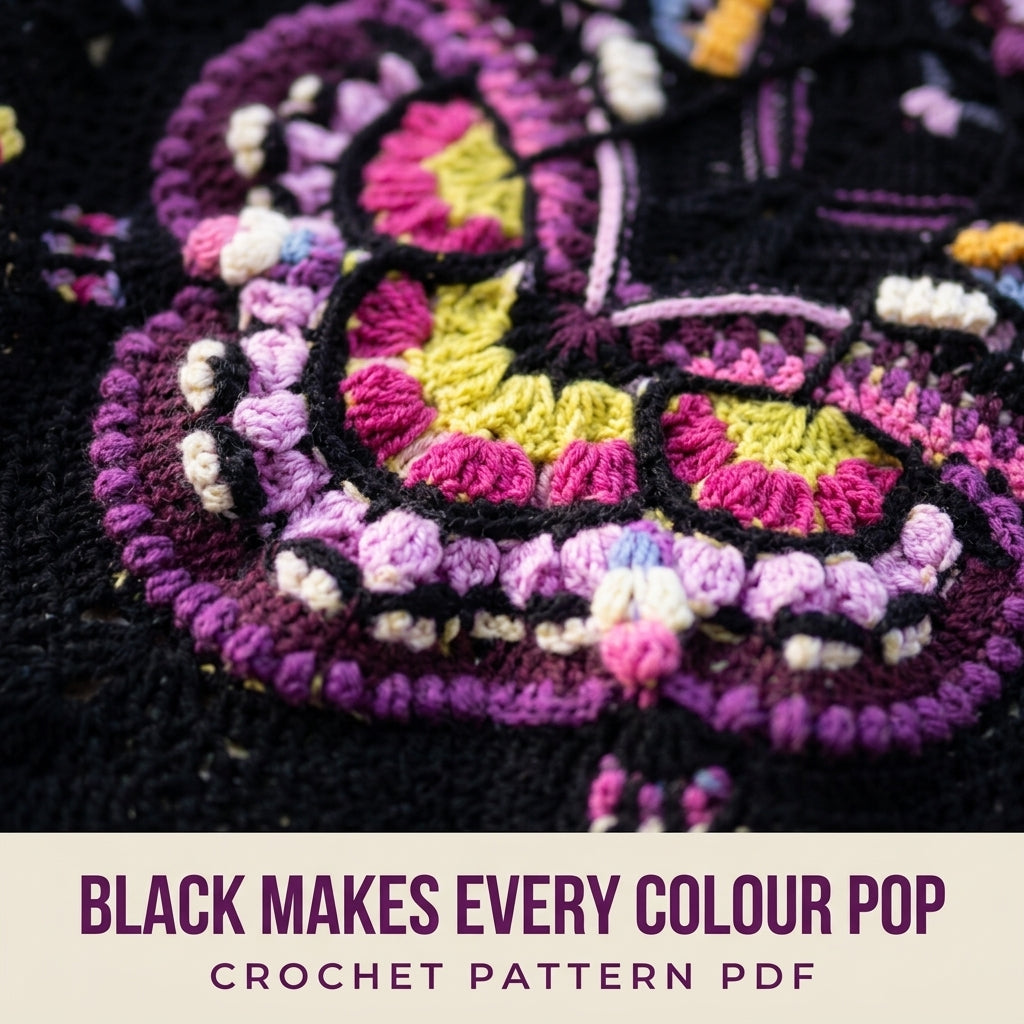 Midnight Bloom Crochet Blanket Pattern PDF – Textured Mandala Throw on Black