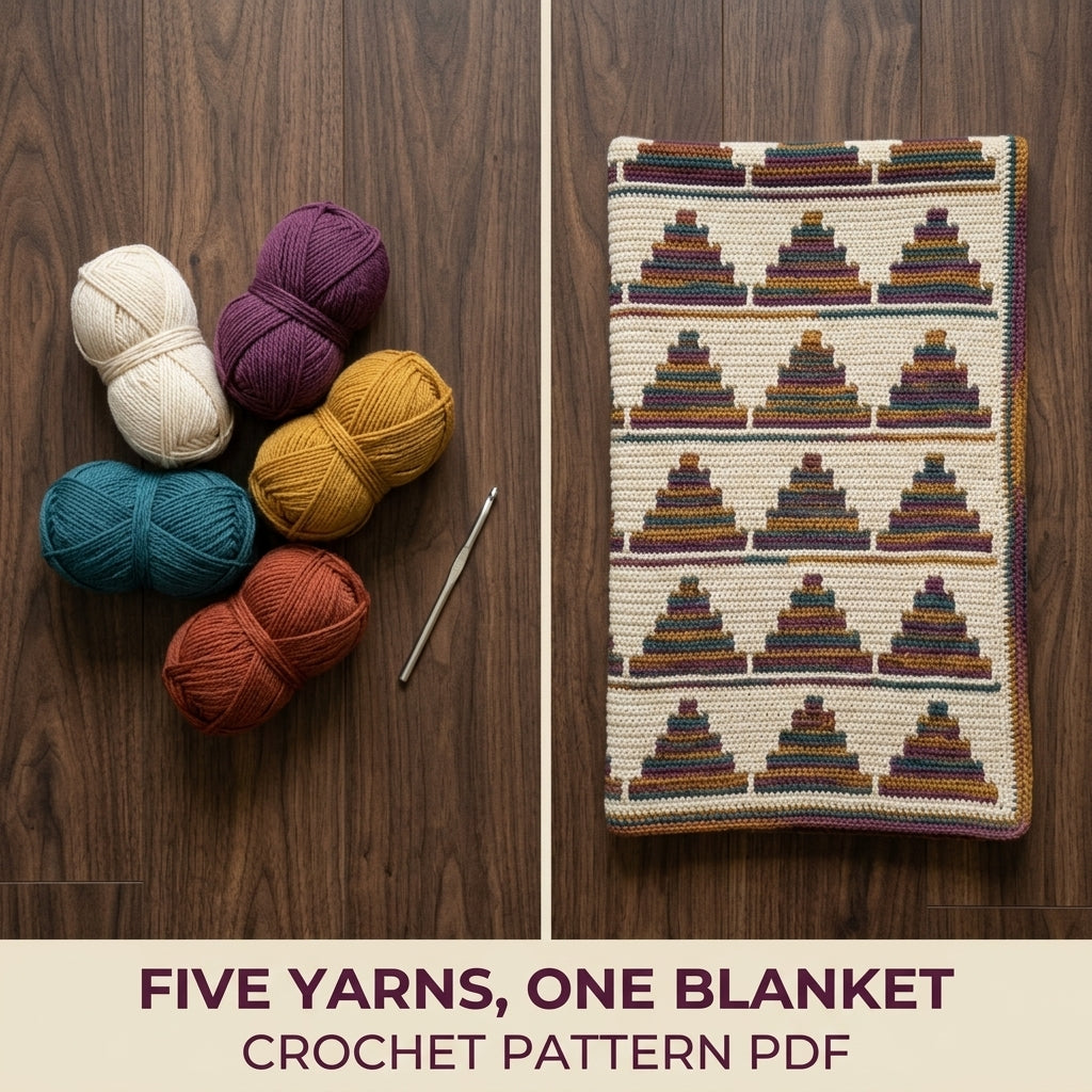 Stepped Pyramid Mosaic Crochet Blanket Pattern PDF – Striped Triangle Throw in Plum, Mustard and Teal
